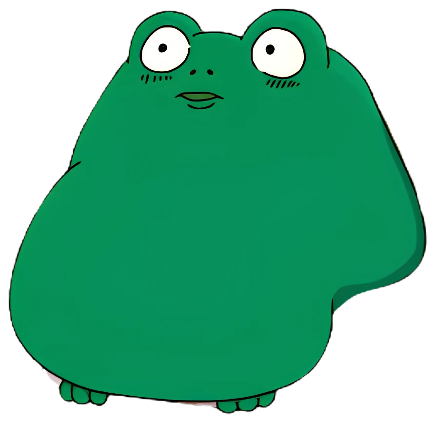 Blob the frog standing in a field, curious and wide-eyed