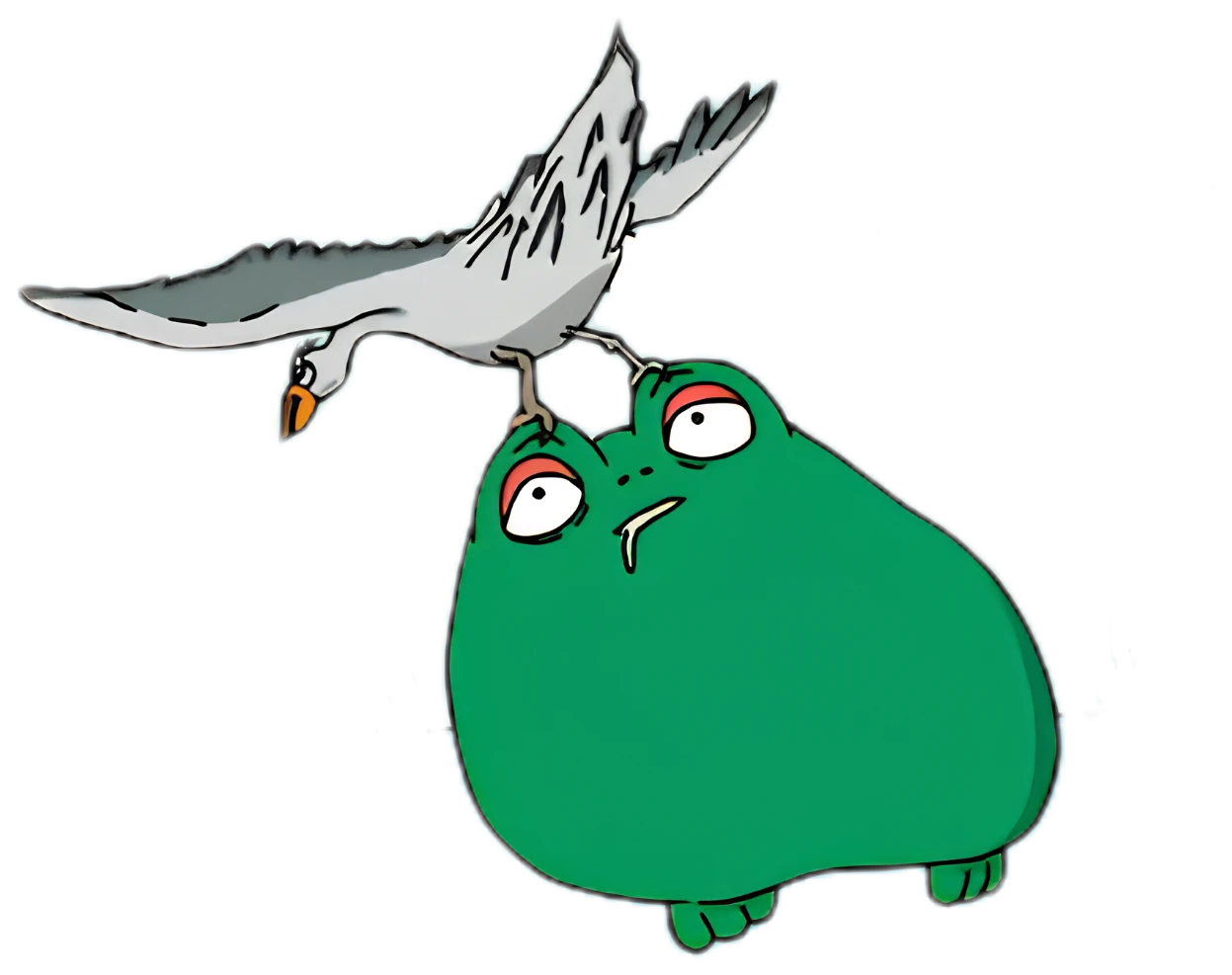 Blob looking up worriedly as his bird friend Hatchi lands on his head